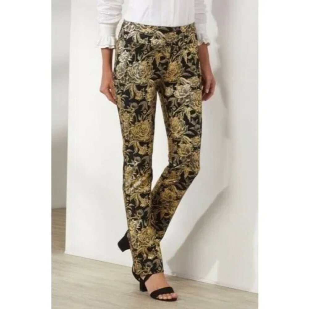 Soft Surroundings Women Moonstruck Gold Foil Floral Boot Cut Pants Size L career